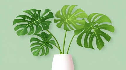 Vibrant monstera plant in a white vase against a mint green background.