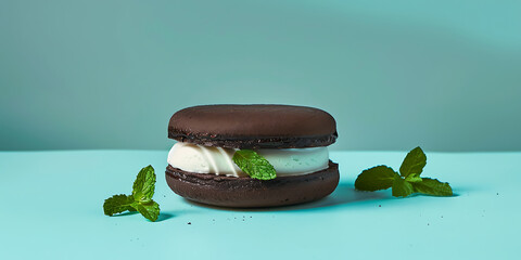 Chocolate Cookie Sandwich with Mint Ice Cream and Fresh Mint Leaves

