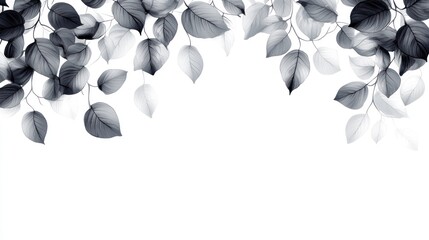 Elegant, grayscale, botanical border with delicate leaves and branches cascading from top.