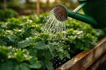Zero waste herb garden, fresh leafy green herbs watered in raised wooden planter, sustainable home growing with plastic-free irrigation and clean moisture-rich gardening practice
