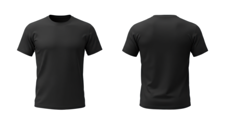 Two distinct black t-shirts, front and back views side-by-side, plain high-quality cotton with fabric texture, flat lay studio shot on transparent background with copy space, product display