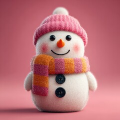 Cute snowman wearing a pink hat and striped scarf against a pink background in winter