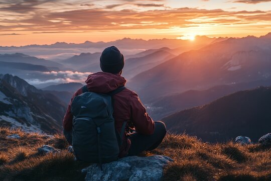 Solo hiker with backpack watching sunrise over misty mountain range, symbolizing adventure, freedom, and self-discovery in breathtaking natural landscape
