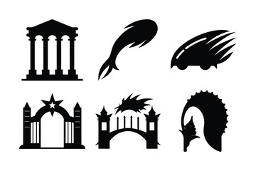 Fototapeta premium City silhouette vector icon set: an illustration of urban landmarks with flying birds and trees