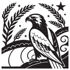 Naklejka premium Black eagle perched on branch with stars and foliage