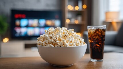 A bowl of popcorn and a glass of soda sit on a table, a blurred television screen displaying movie options is in the background, creating a cozy home cinema setting.