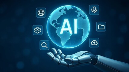 Robotic hand holding glowing globe showing ai and icons, tech background in deep blue, futuristic design shows intelligence and smart technology, ai interface - Powered by Adobe