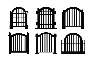 Set of old metal gate designs with black and white house architecture vector illustration