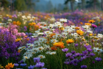 Obraz premium A vibrant meadow filled with blooming wildflowers in various colors, showcasing nature's beauty under clear blue skies