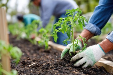 Community members plant tomatoes in local garden during spring gardening event