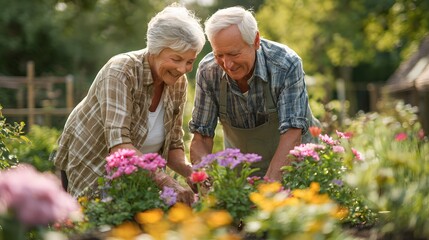 Elderly couple tending to their vibrant garden filled with colorful flowers during a sunny afternoon in a peaceful outdoor setting