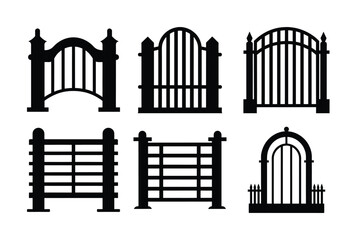Obraz premium Black wrought iron gate and fence vector illustration set