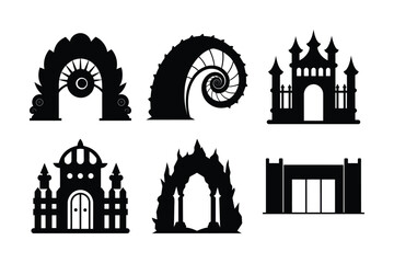 Obraz premium Vector illustration set of European church and castle architectural silhouettes, ideal for travel and city landmark designs