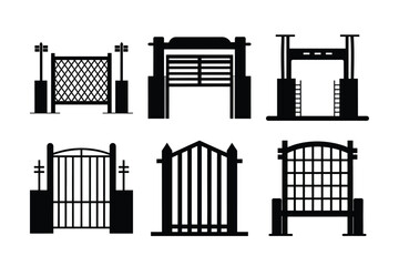 Collection of Black and White Gate and Fence Silhouettes Design Elements for Architectural Projects