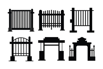 Collection of Black and White Gate and Fence Silhouettes Design Elements for Architecture and Landscaping