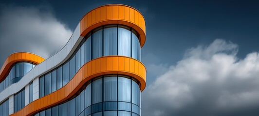 Contemporary architectural design of a modern building with dynamic curved edges and vibrant orange blue accents, showcasing intricate glass windows and decorative elements against a dark sky backdrop
