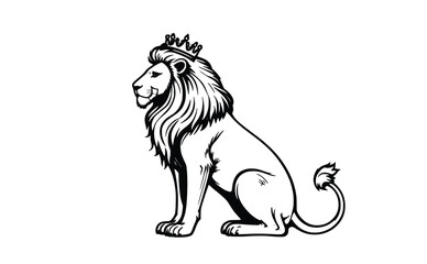 Royal Seated Lion Vector Outline with Crown – Black Line Art on White Background