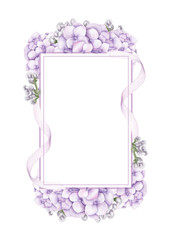 Template with pink hydrangea flowers, butterflies and ribbons. Watercolor hand drawn illustration isolated on white background.
