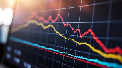 Red yellow blue lines graph on dark screen chart data