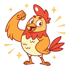 Cartoon rooster with open beak shows off a bicep muscle and stands proudly