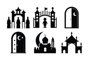 Islamic Architecture Icons Mosque, Gate, and Crescent Moon Silhouettes