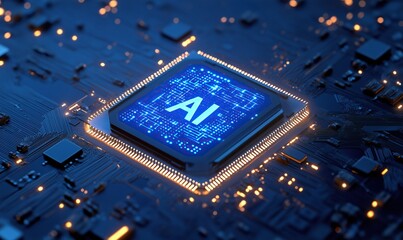 Close-up view of artificial intelligence chip with glowing AI text on blue background featuring circuit board and computer motherboard for digital technology concept