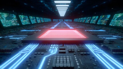 Futuristic Data Center with Circuit Board Pathway and Illuminated Screens