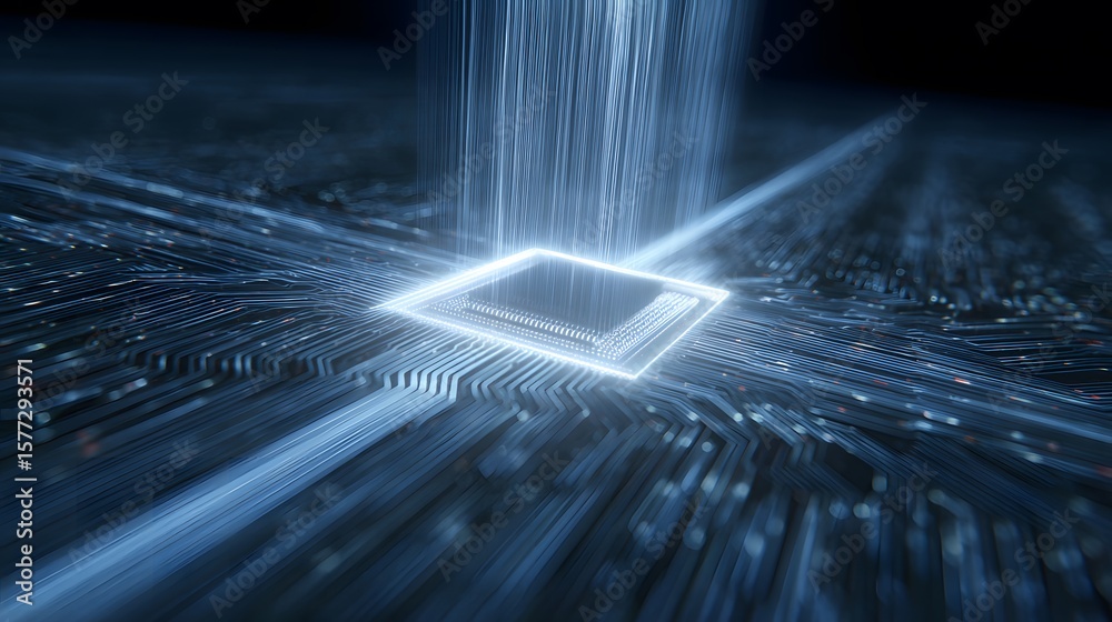 Poster illuminated microchip on circuit board with data streams