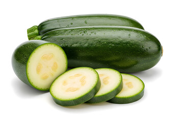 Three dark green zucchinis, one whole, one halved, and three slices, are arranged with visible seeds against a white background. Generative AI.