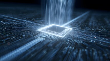 Illuminated Microchip on Circuit Board with Data Streams