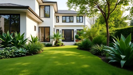 Fototapeta premium A modern white house with a green lawn and landscaping on a sunny day in a residential area