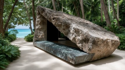 Obraz premium Unique natural stone structure with marble bench on sandy path leading to ocean