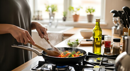 Woman cooking vegetables in a frying pan on a stove in a bright kitchen, using wooden utensils.