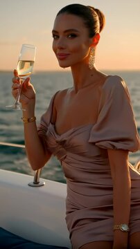 A radiant woman on a yacht, raises a glass of champagne toward the horizon, celebrating life&rsquo;s finer moments with a tranquil, content air.