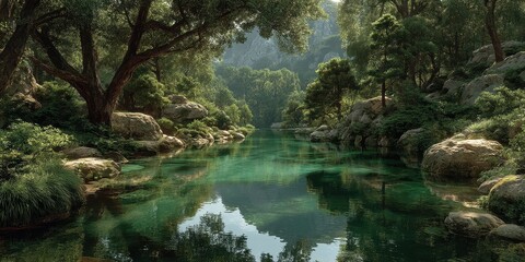 Serene river flowing through lush greenery in a tranquil forest setting