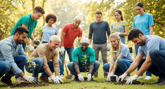 Diverse group of volunteers planting trees in a park, showing community spirit and environmental awareness. - Powered by Adobe