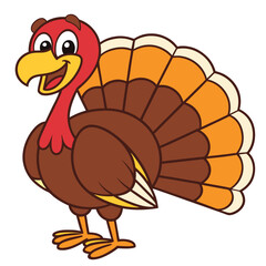 Happy cartoon turkey bird stands cheerfully with colorful feathers displayed on a white background