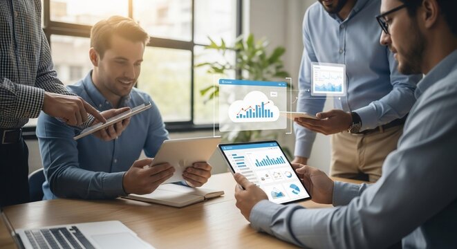 Business team collaborates on project, analyzing data on tablets and smartphones.