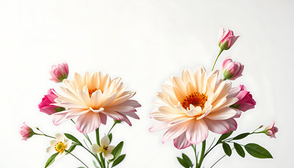 Fototapeta premium Two floral arrangements display charming dahlias and delicate pink roses, perfect for springtime designs and graceful backgrounds.