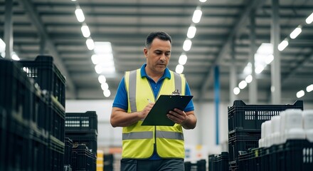 Male warehouse worker with clipboard.
