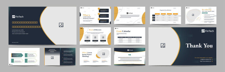 Pitch Deck or Presentation templates. Finance corporate booklet use flyer or leaflet, marketing banner, advertising brochure, annual business report, website slider. company profile vector