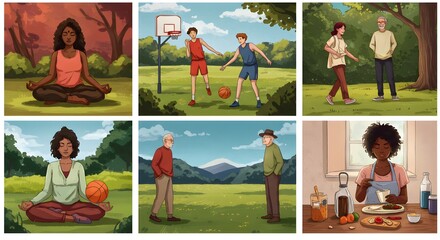 Diverse people enjoying healthy lifestyles: yoga, basketball, walking, cooking, and relaxing outdoors.