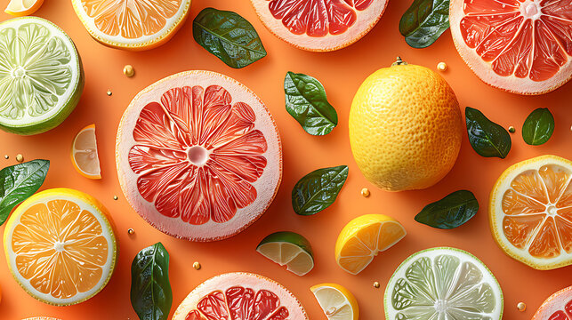 Colorful assorted citrus fruit slices on bright orange background