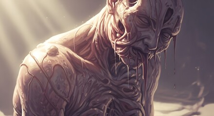 A grotesque, unsettling figure with exposed, contorted flesh, bathed in pale light.