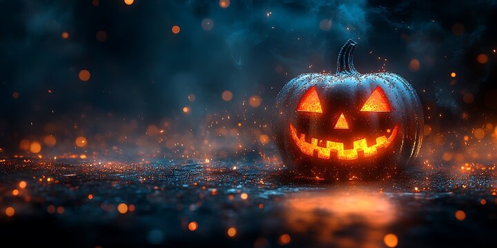 Glowing carved Halloween pumpkin with a spooky grin sits amidst flickering lights and dark, smoky background creating an eerie scene.