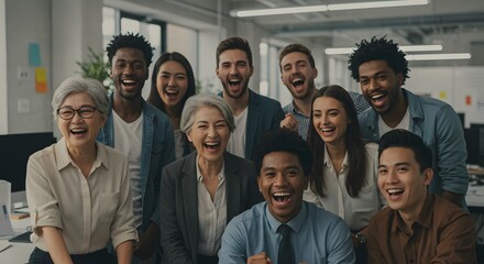 Obraz premium Diverse group of happy business colleagues posing for a team photo in an office.