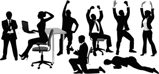 Silhouette of business people in various poses including sitting working and celebrating success