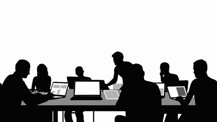 Silhouette of a business meeting with people working on laptops around a conference table setting scene