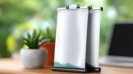 Two blank mini roll up banners with mountain graphic sit on a wooden table near potted plants and a laptop