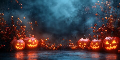 Halloween scene features glowing jack-o'-lanterns surrounded by fog and foliage creating a spooky fall night atmosphere.